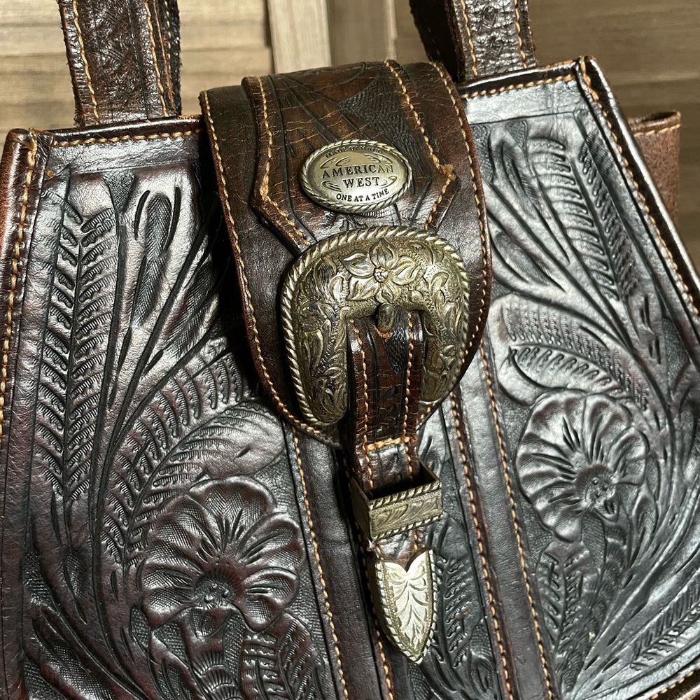 Vintage American West Western Tooled Leather Floral Satchel Tote Handbag Dark - Picture 6 of 10